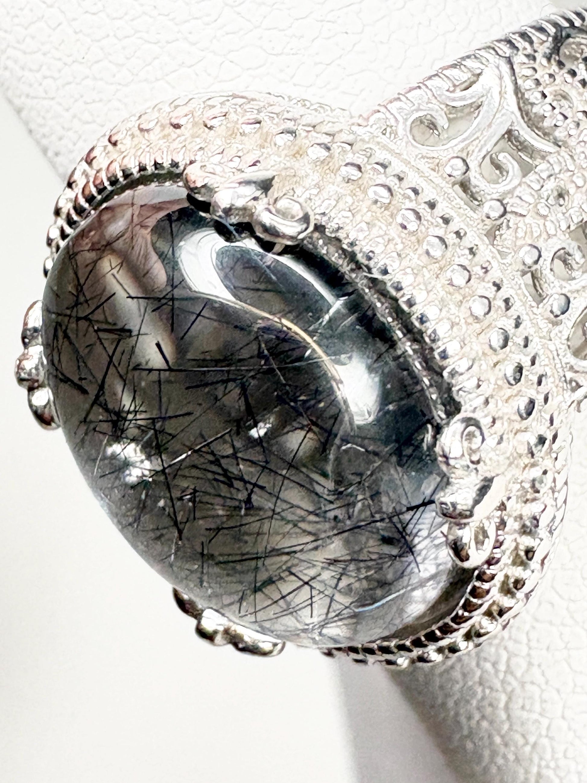 Tourmalated Quartz Cabochon Ring Sterling Silver size 7 - NewLifeJewelryVault