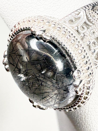Tourmalated Quartz Cabochon Ring Sterling Silver size 7 - NewLifeJewelryVault