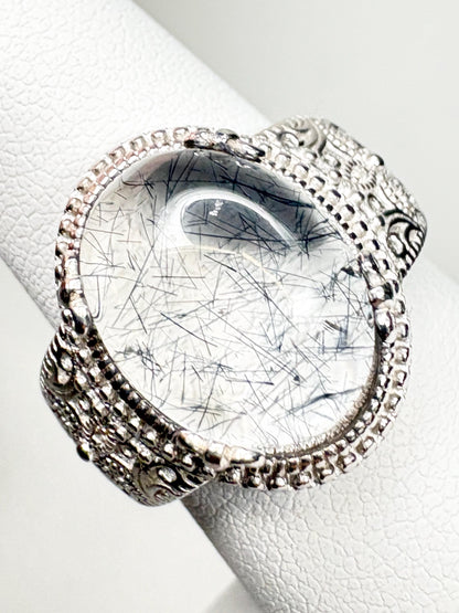 Tourmalated Quartz Cabochon Ring Sterling Silver size 7 - NewLifeJewelryVault