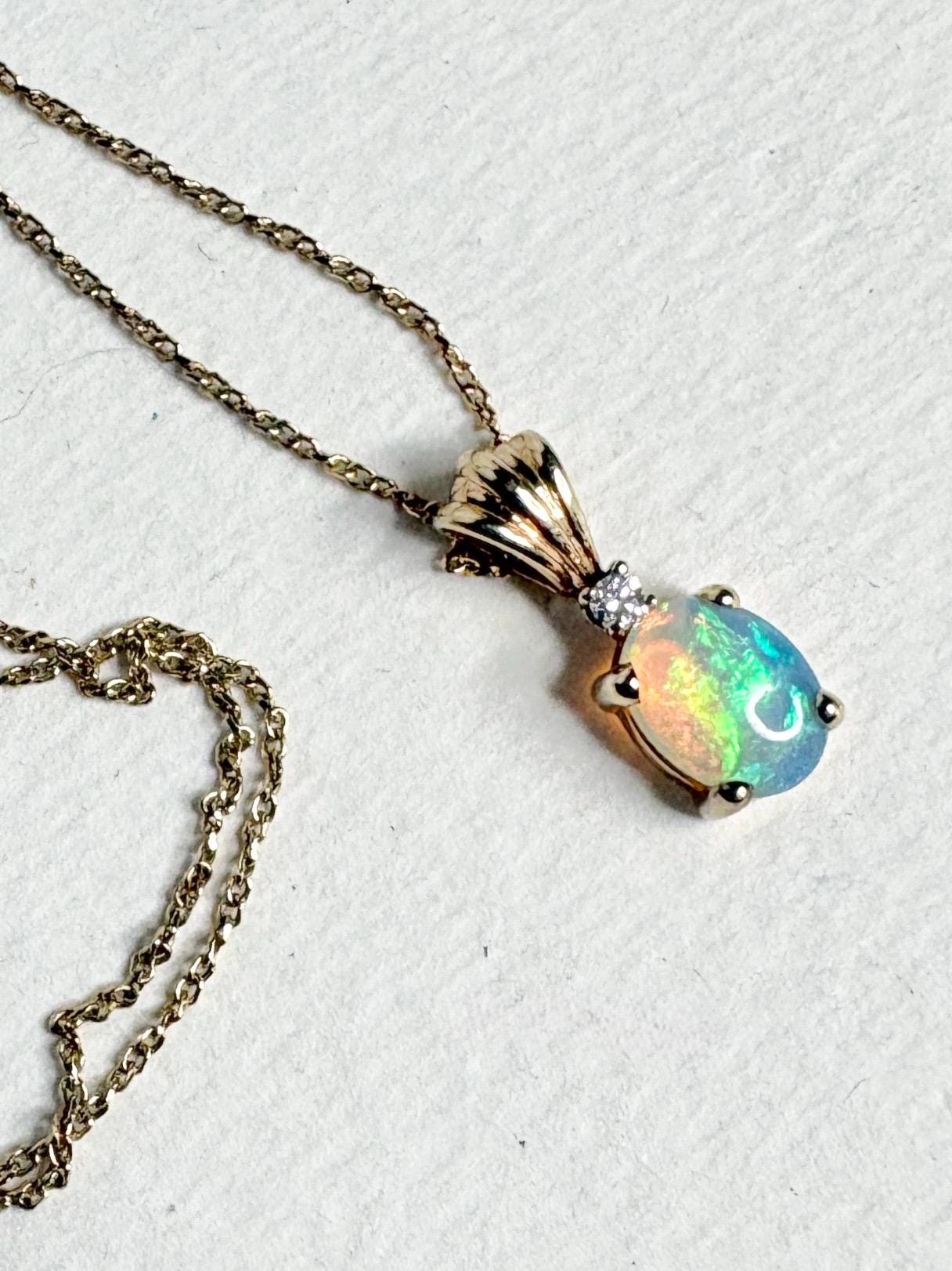 Crystal Opal and Diamond Pendant Necklace Solid 14k Gold 18" - NewLifeJewelryVault