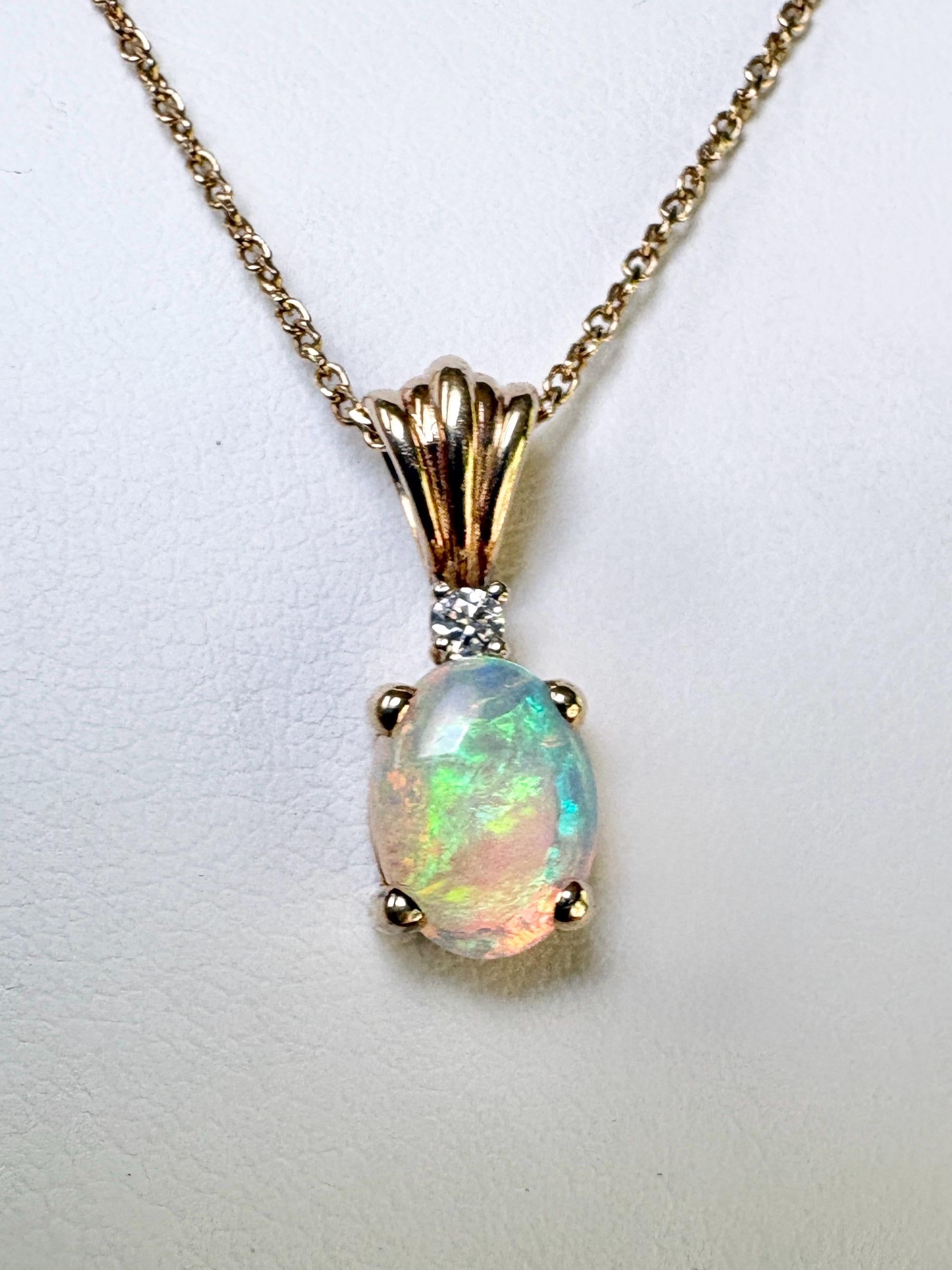 Crystal Opal and Diamond Pendant Necklace Solid 14k Gold 18" - NewLifeJewelryVault