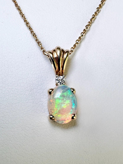 Crystal Opal and Diamond Pendant Necklace Solid 14k Gold 18" - NewLifeJewelryVault