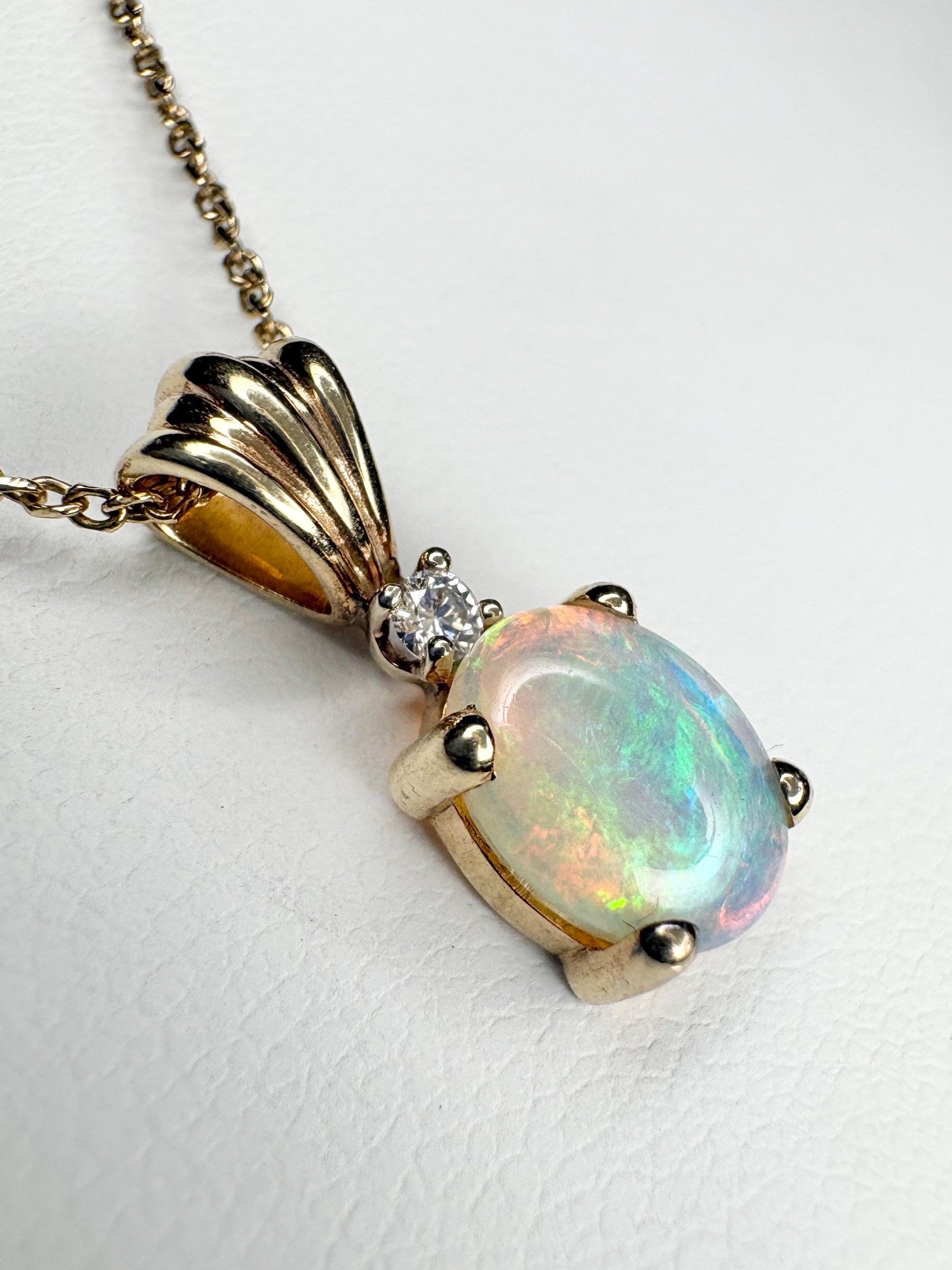 Crystal Opal and Diamond Pendant Necklace Solid 14k Gold 18" - NewLifeJewelryVault