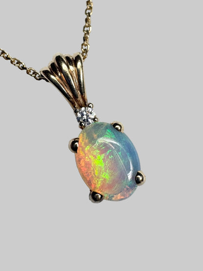 Crystal Opal and Diamond Pendant Necklace Solid 14k Gold 18" - NewLifeJewelryVault