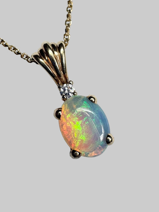 Crystal Opal and Diamond Pendant Necklace Solid 14k Gold 18" - NewLifeJewelryVault