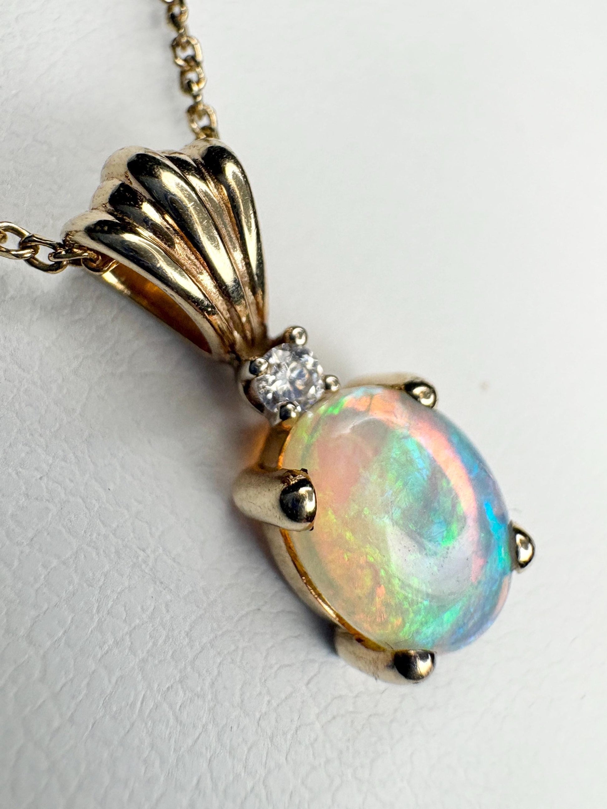 Crystal Opal and Diamond Pendant Necklace Solid 14k Gold 18" - NewLifeJewelryVault