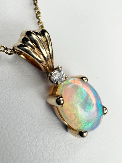 Crystal Opal and Diamond Pendant Necklace Solid 14k Gold 18" - NewLifeJewelryVault
