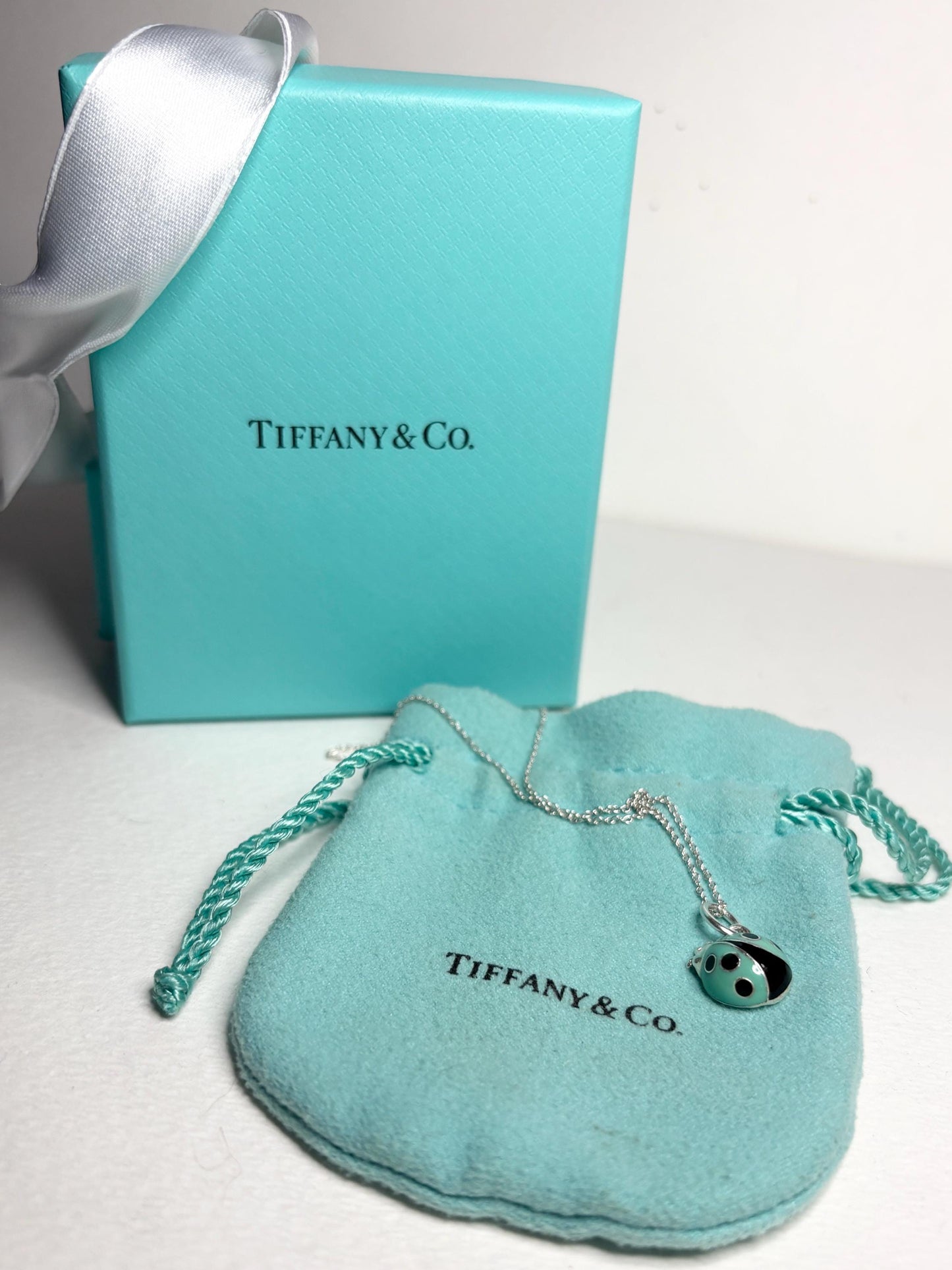 Tiffany & Co Blue Enameled Ladybug Charm Pendant Necklace Sterling Silver 19" with Box - NewLifeJewelryVault