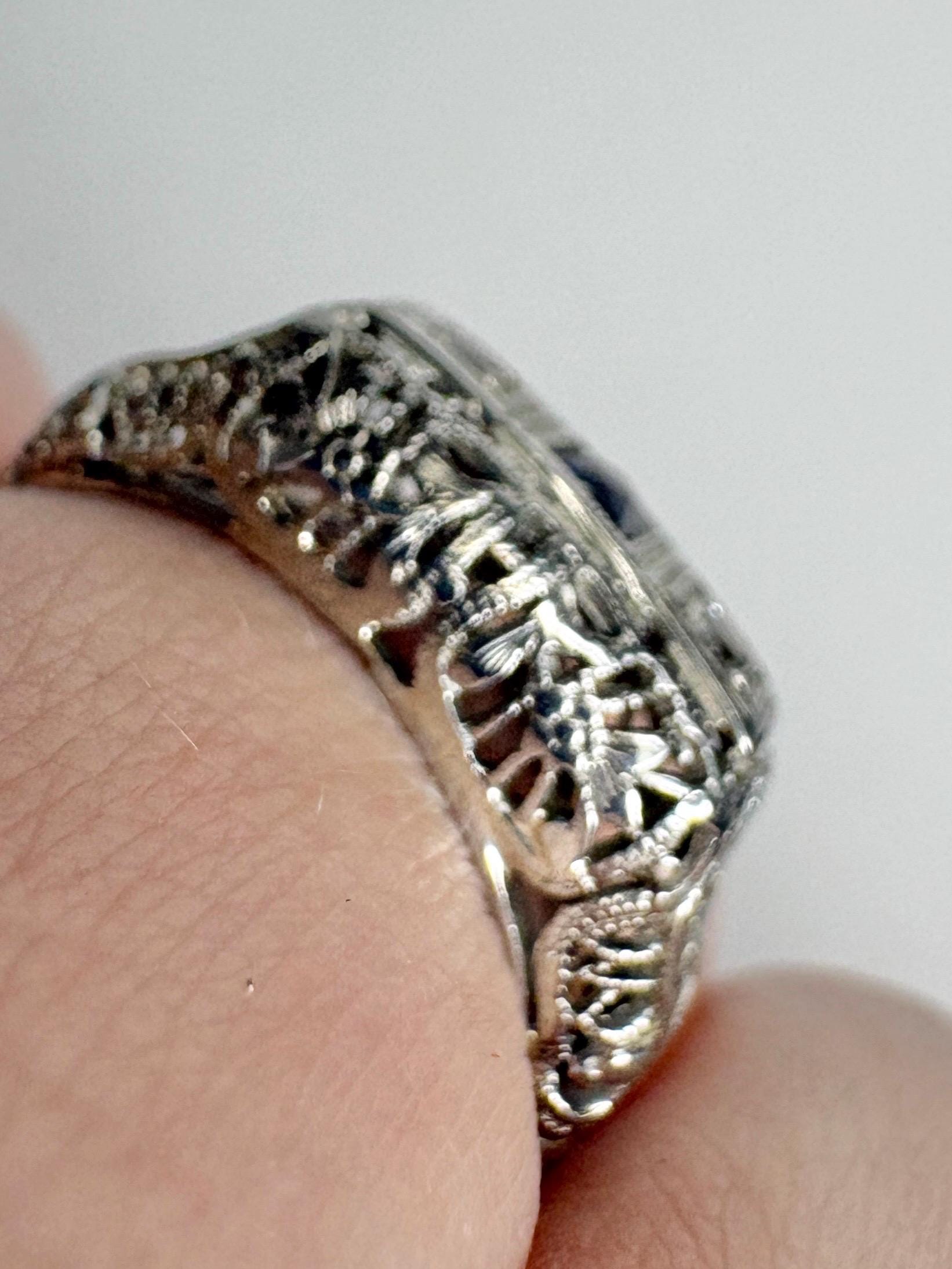 Art Deco Synthetic Sapphire Natural Diamond Band Ring Solid 18k White Gold size 6.5 - NewLifeJewelryVault