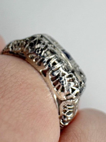 Art Deco Synthetic Sapphire Natural Diamond Band Ring Solid 18k White Gold size 6.5 - NewLifeJewelryVault