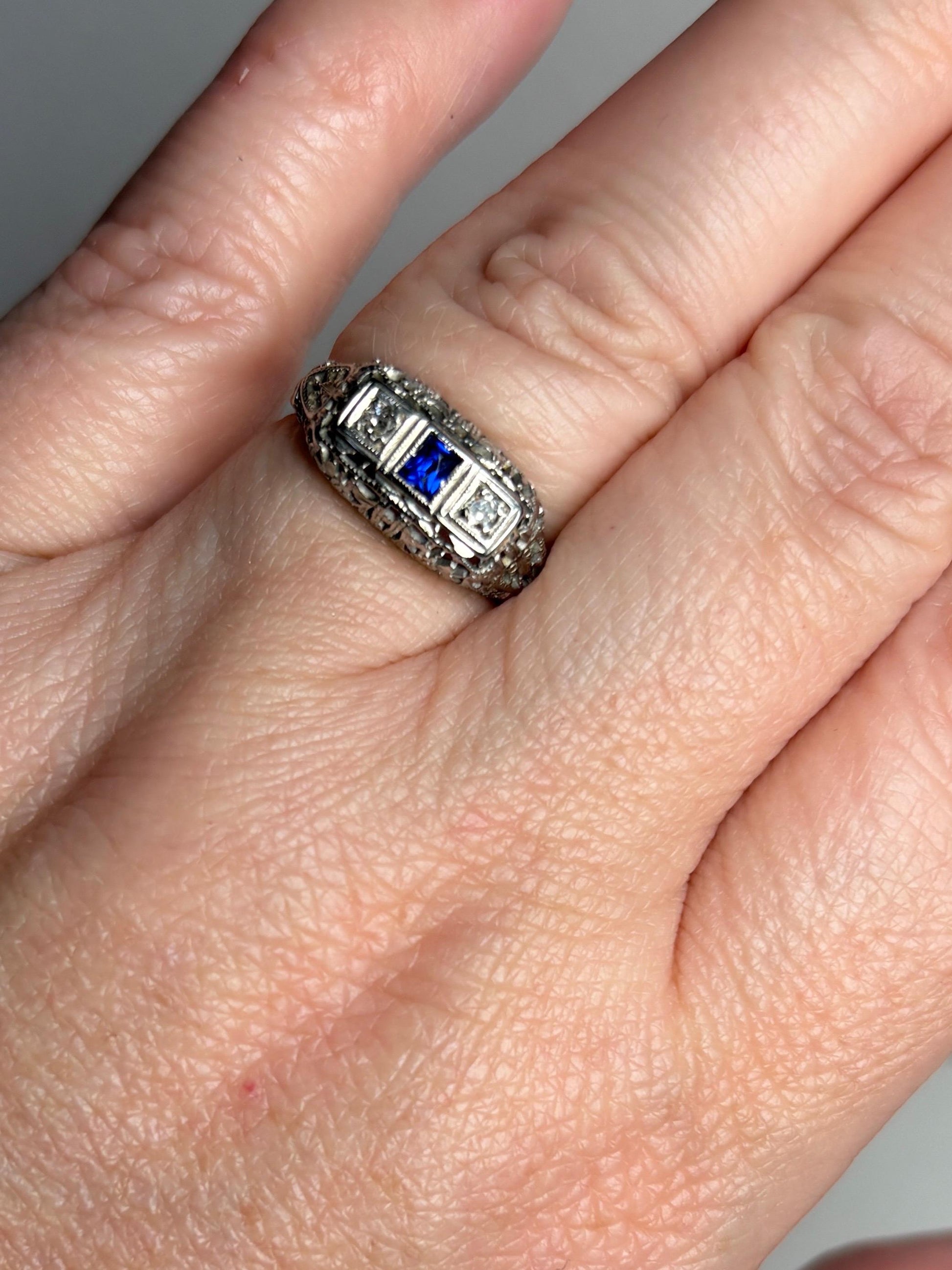 Art Deco Synthetic Sapphire Natural Diamond Band Ring Solid 18k White Gold size 6.5 - NewLifeJewelryVault