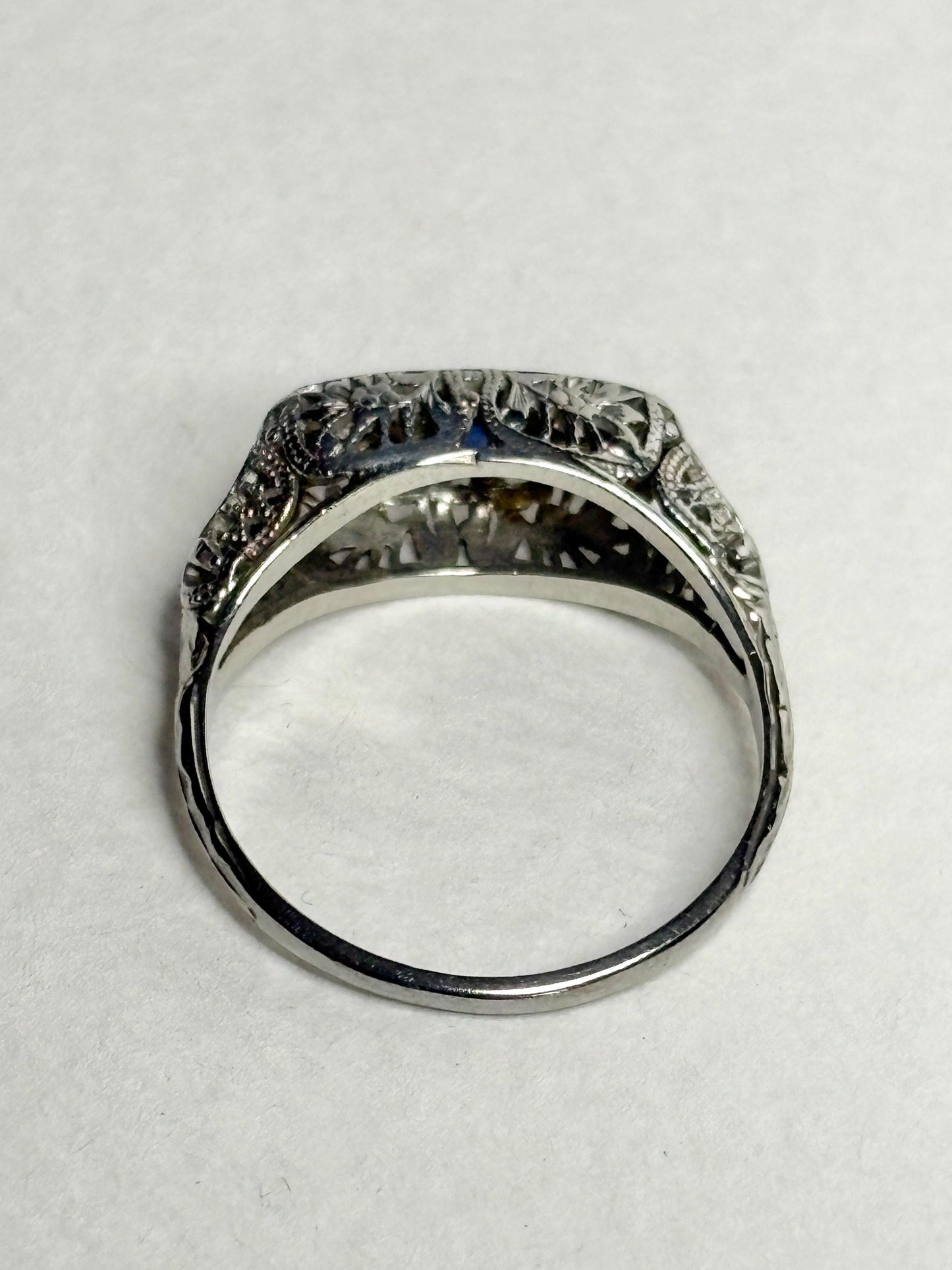 Art Deco Synthetic Sapphire Natural Diamond Band Ring Solid 18k White Gold size 6.5 - NewLifeJewelryVault