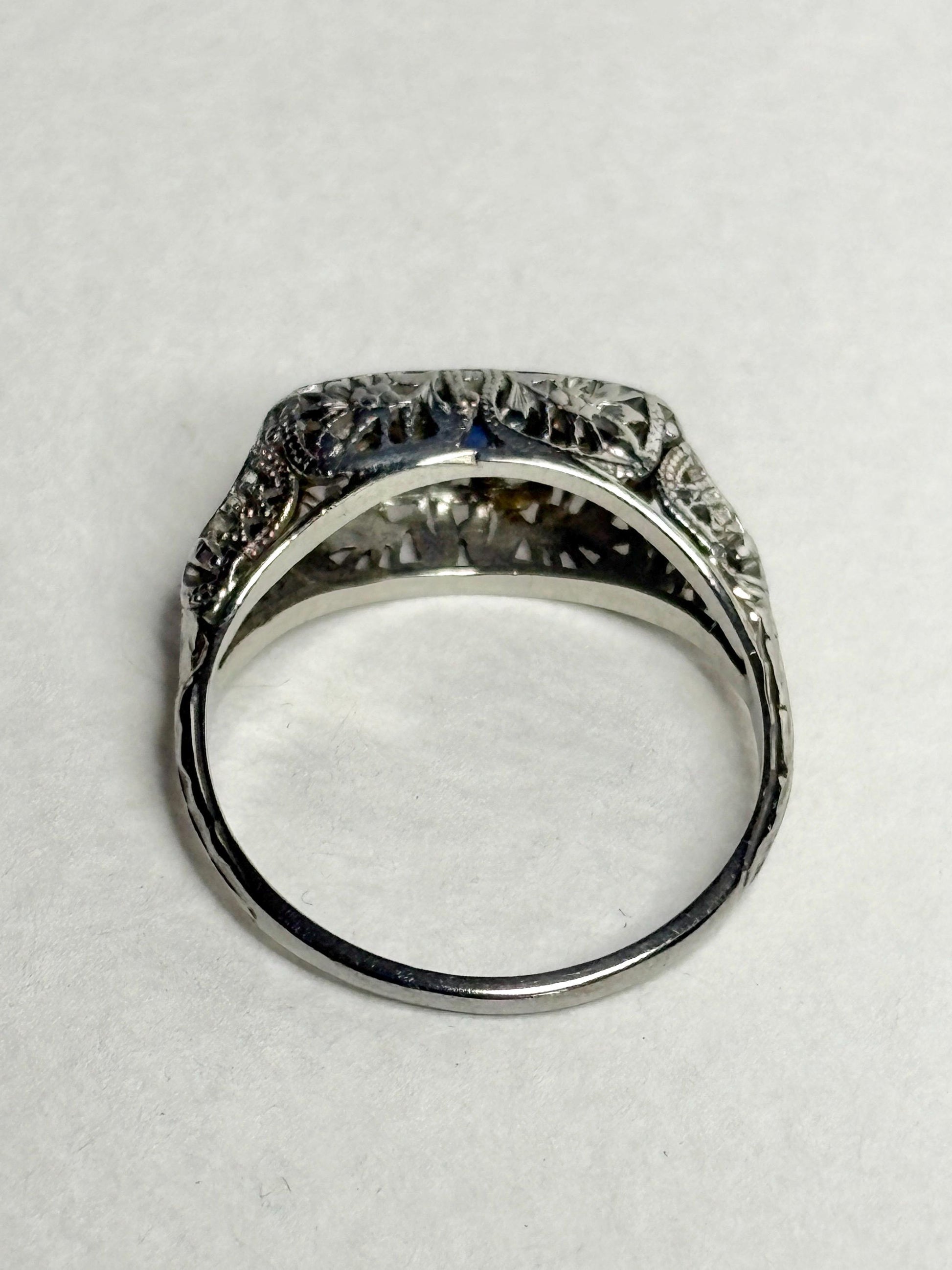 Art Deco Synthetic Sapphire Natural Diamond Band Ring Solid 18k White Gold size 6.5 - NewLifeJewelryVault