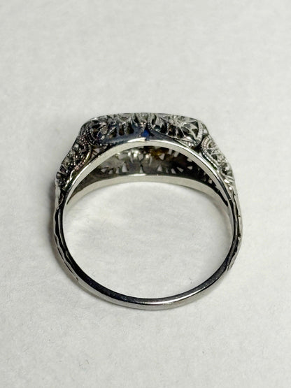 Art Deco Synthetic Sapphire Natural Diamond Band Ring Solid 18k White Gold size 6.5 - NewLifeJewelryVault