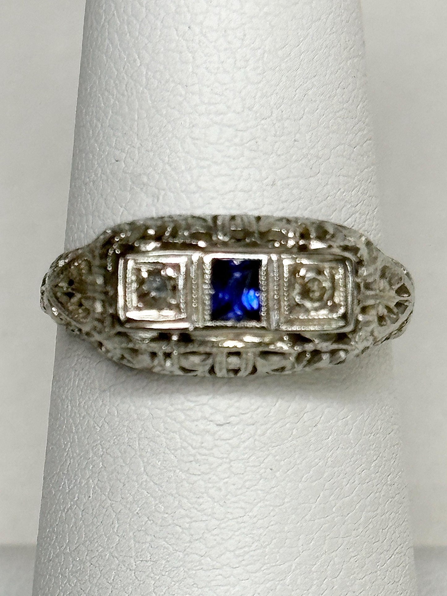 Art Deco Synthetic Sapphire Natural Diamond Band Ring Solid 18k White Gold size 6.5 - NewLifeJewelryVault