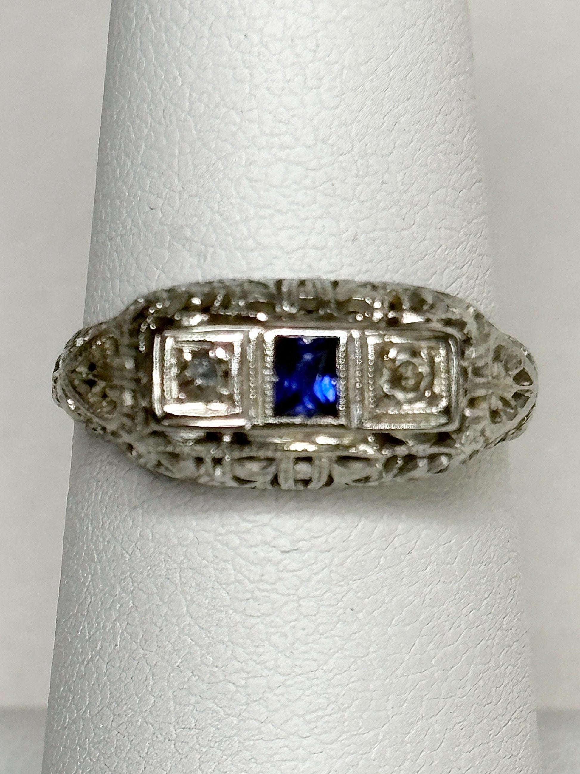Art Deco Synthetic Sapphire Natural Diamond Band Ring Solid 18k White Gold size 6.5 - NewLifeJewelryVault