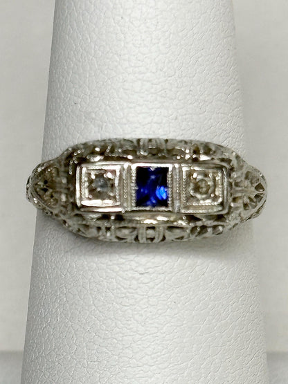 Art Deco Synthetic Sapphire Natural Diamond Band Ring Solid 18k White Gold size 6.5 - NewLifeJewelryVault