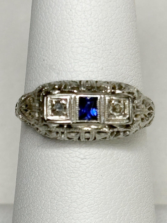 Art Deco Synthetic Sapphire Natural Diamond Band Ring Solid 18k White Gold size 6.5 - NewLifeJewelryVault