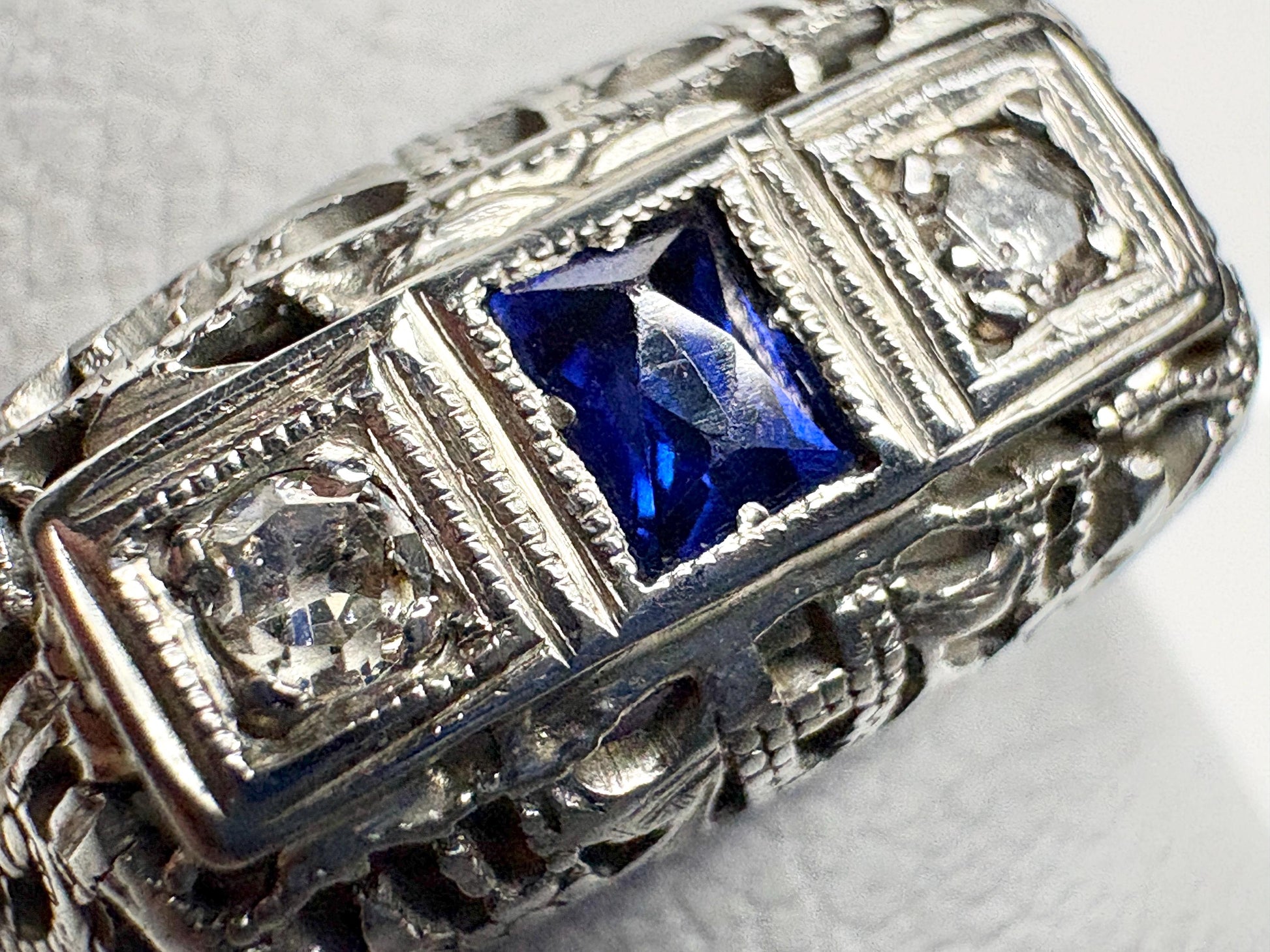 Art Deco Synthetic Sapphire Natural Diamond Band Ring Solid 18k White Gold size 6.5 - NewLifeJewelryVault