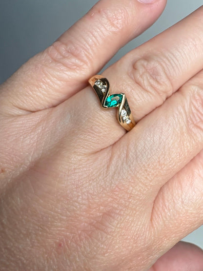 Marquise Synthetic Lab Emerald and Natural Diamond Ring in Solid 10k Gold size 7.25 - NewLifeJewelryVault
