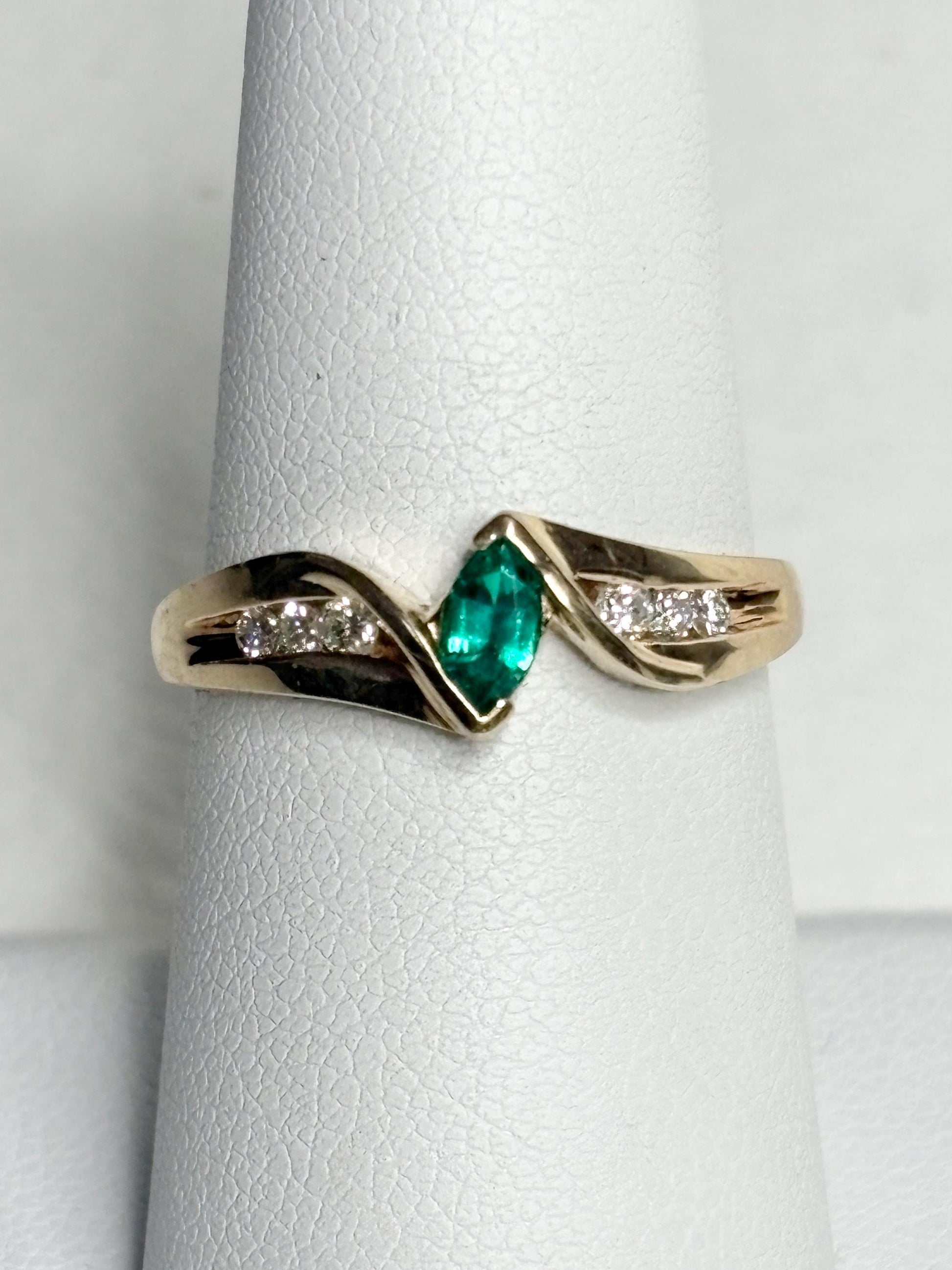 Marquise Synthetic Lab Emerald and Natural Diamond Ring in Solid 10k Gold size 7.25 - NewLifeJewelryVault