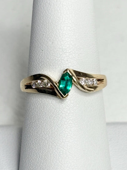 Marquise Synthetic Lab Emerald and Natural Diamond Ring in Solid 10k Gold size 7.25 - NewLifeJewelryVault