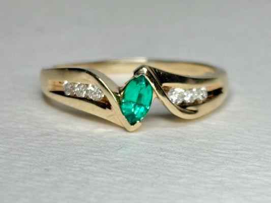 Marquise Synthetic Lab Emerald and Natural Diamond Ring in Solid 10k Gold size 7.25 - NewLifeJewelryVault