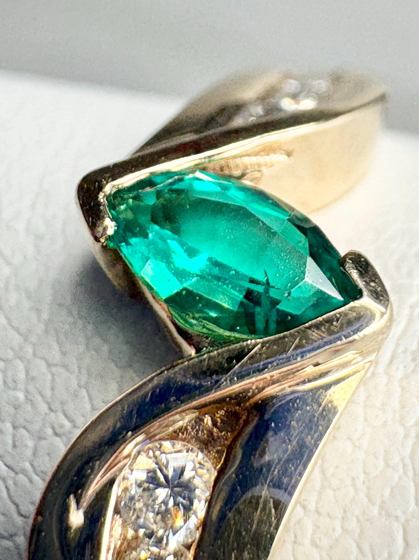 Marquise Synthetic Lab Emerald and Natural Diamond Ring in Solid 10k Gold size 7.25 - NewLifeJewelryVault