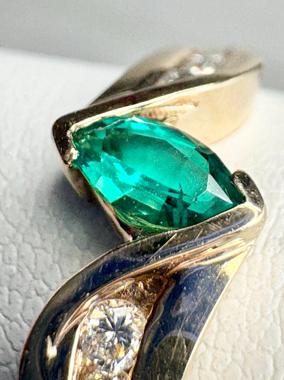 Marquise Synthetic Lab Emerald and Natural Diamond Ring in Solid 10k Gold size 7.25 - NewLifeJewelryVault