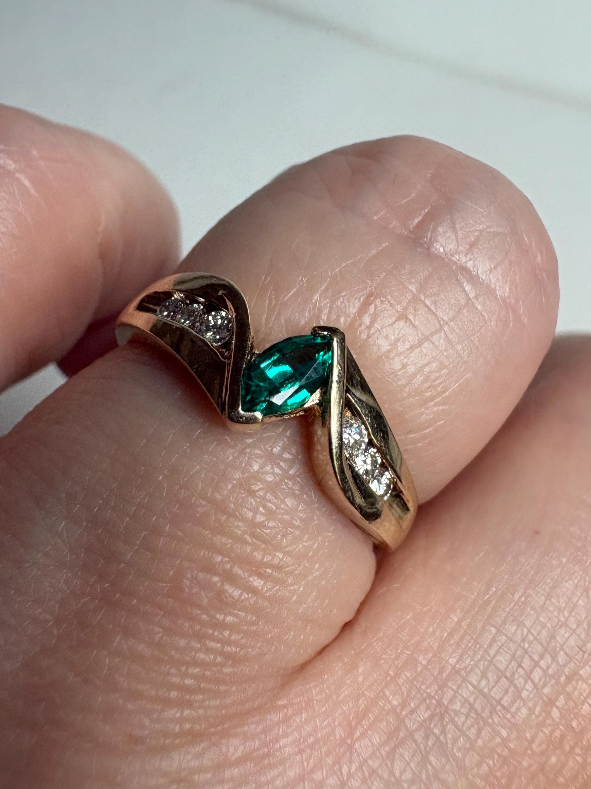 Marquise Synthetic Lab Emerald and Natural Diamond Ring in Solid 10k Gold size 7.25 - NewLifeJewelryVault