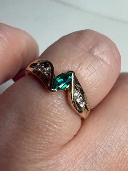 Marquise Synthetic Lab Emerald and Natural Diamond Ring in Solid 10k Gold size 7.25 - NewLifeJewelryVault