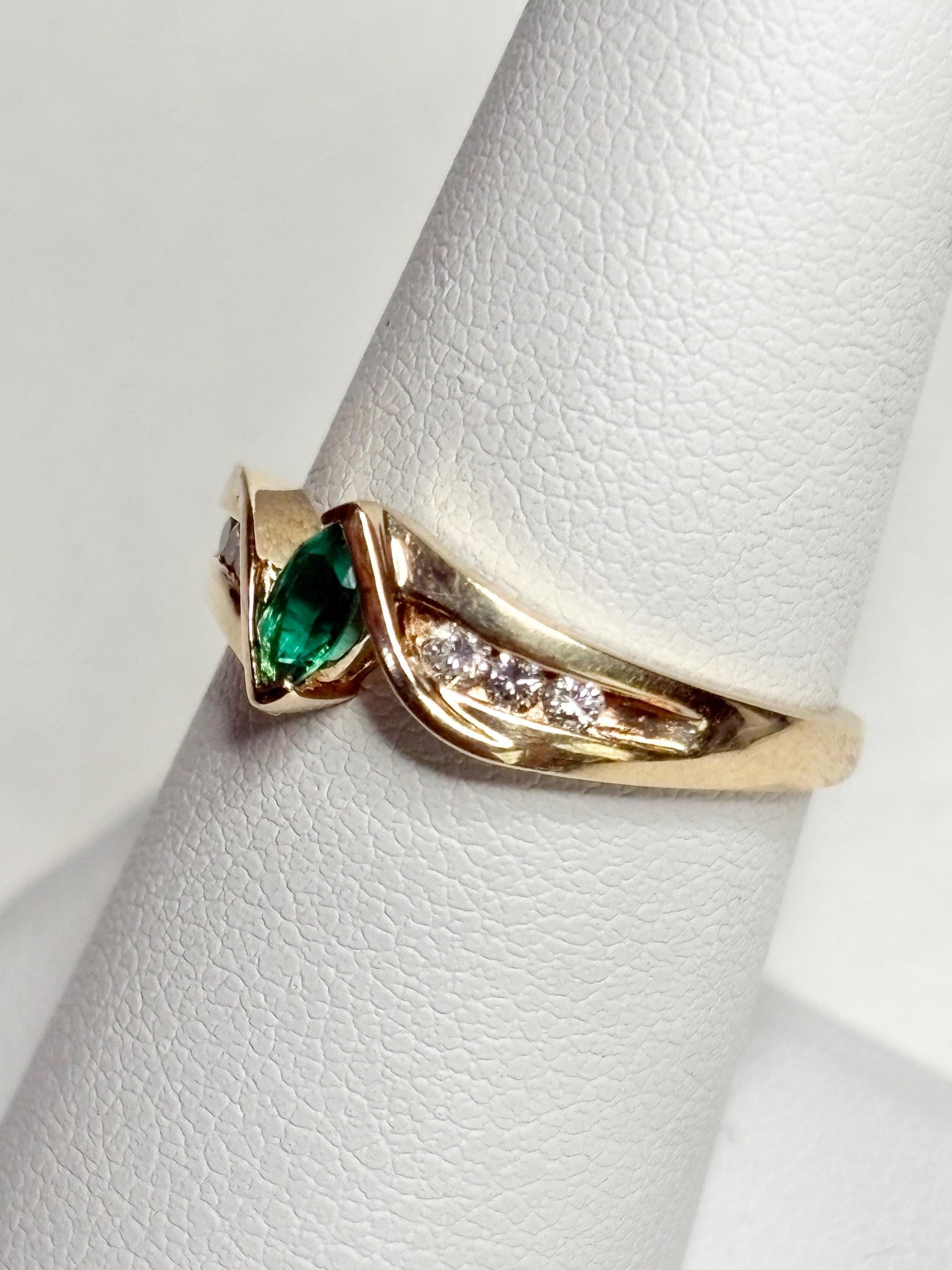 Marquise Synthetic Lab Emerald and Natural Diamond Ring in Solid 10k Gold size 7.25 - NewLifeJewelryVault