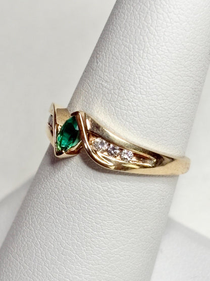 Marquise Synthetic Lab Emerald and Natural Diamond Ring in Solid 10k Gold size 7.25 - NewLifeJewelryVault