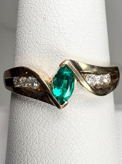 Marquise Synthetic Lab Emerald and Natural Diamond Ring in Solid 10k Gold size 7.25 - NewLifeJewelryVault