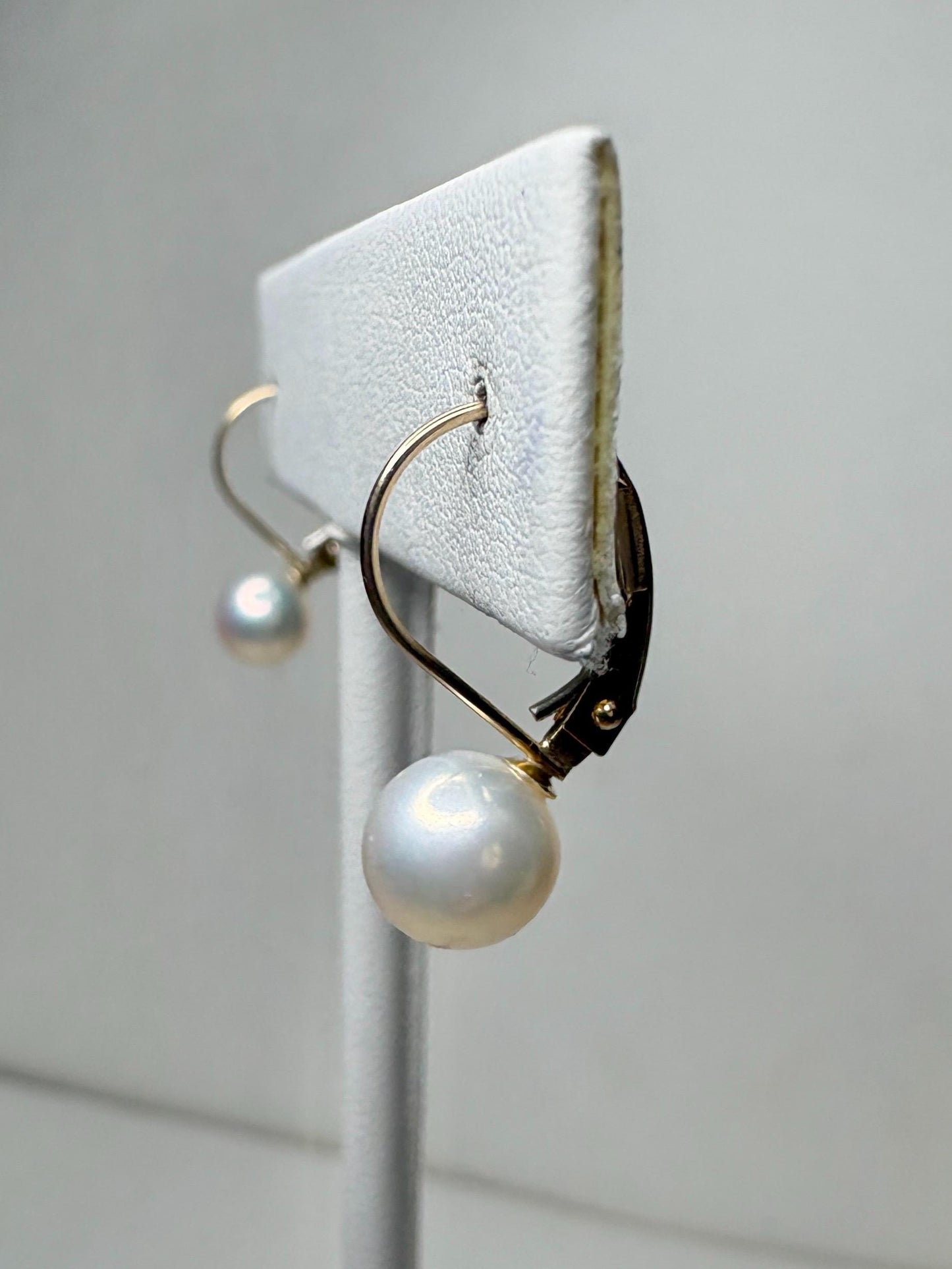 Japanese Akoya Cultured Pearl Lever back Dangle Drop Earrings in Solid 14k Gold 6.65mm - NewLifeJewelryVault