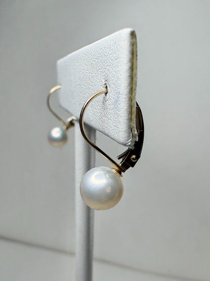 Japanese Akoya Cultured Pearl Lever back Dangle Drop Earrings in Solid 14k Gold 6.65mm - NewLifeJewelryVault