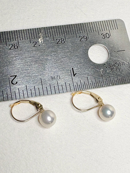 Japanese Akoya Cultured Pearl Lever back Dangle Drop Earrings in Solid 14k Gold 6.65mm - NewLifeJewelryVault
