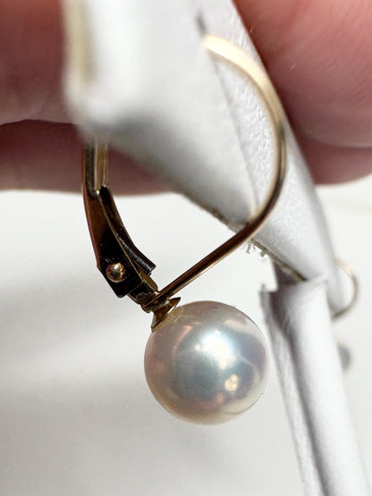 Japanese Akoya Cultured Pearl Lever back Dangle Drop Earrings in Solid 14k Gold 6.65mm - NewLifeJewelryVault