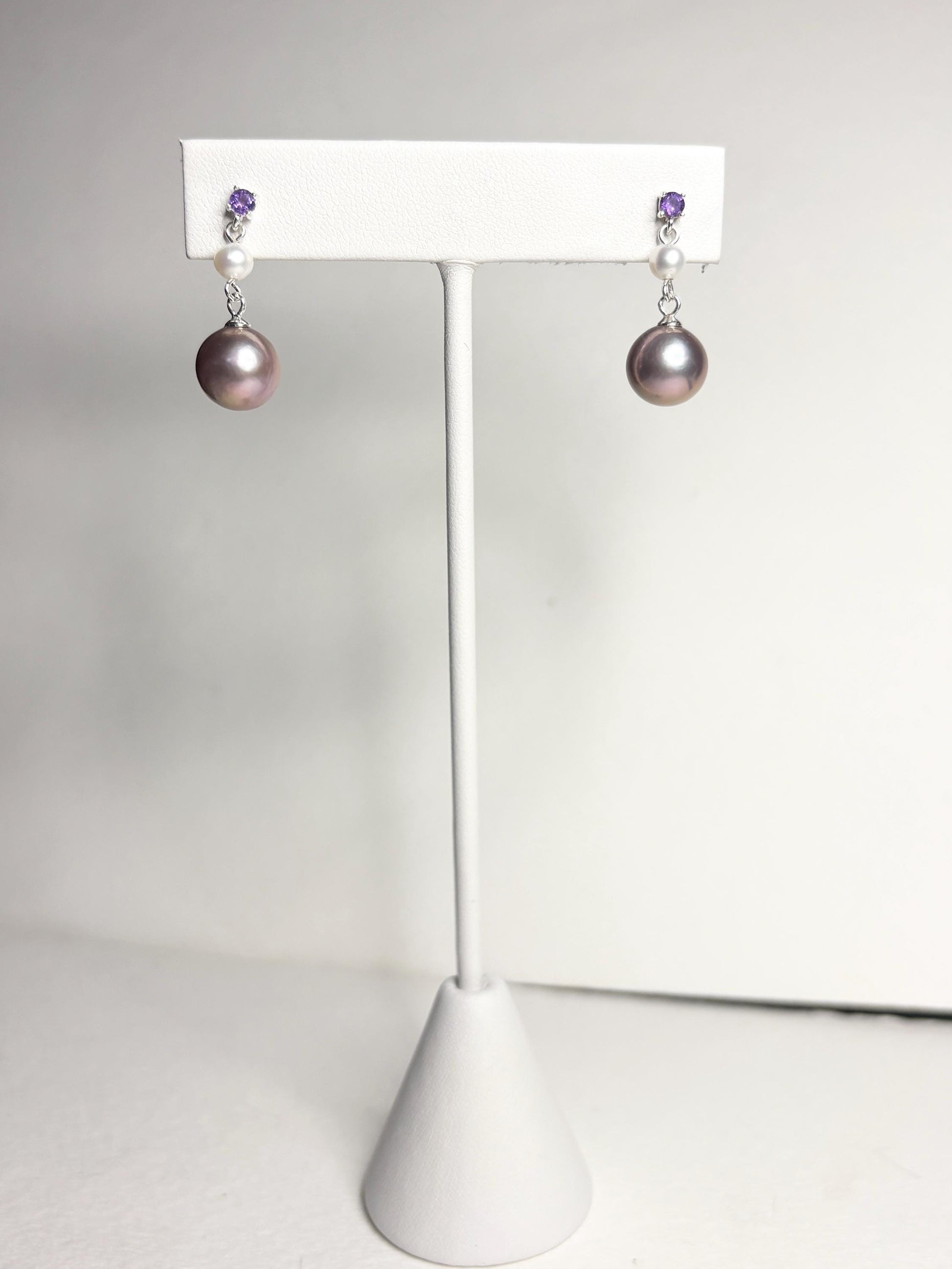 Purple Edison Cultured Pearls with Amethyst and White Pearl Dangle Drop Earrings Sterling Silver - NewLifeJewelryVault
