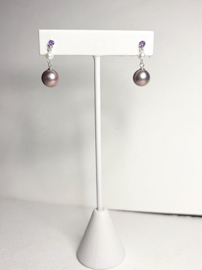 Purple Edison Cultured Pearls with Amethyst and White Pearl Dangle Drop Earrings Sterling Silver - NewLifeJewelryVault