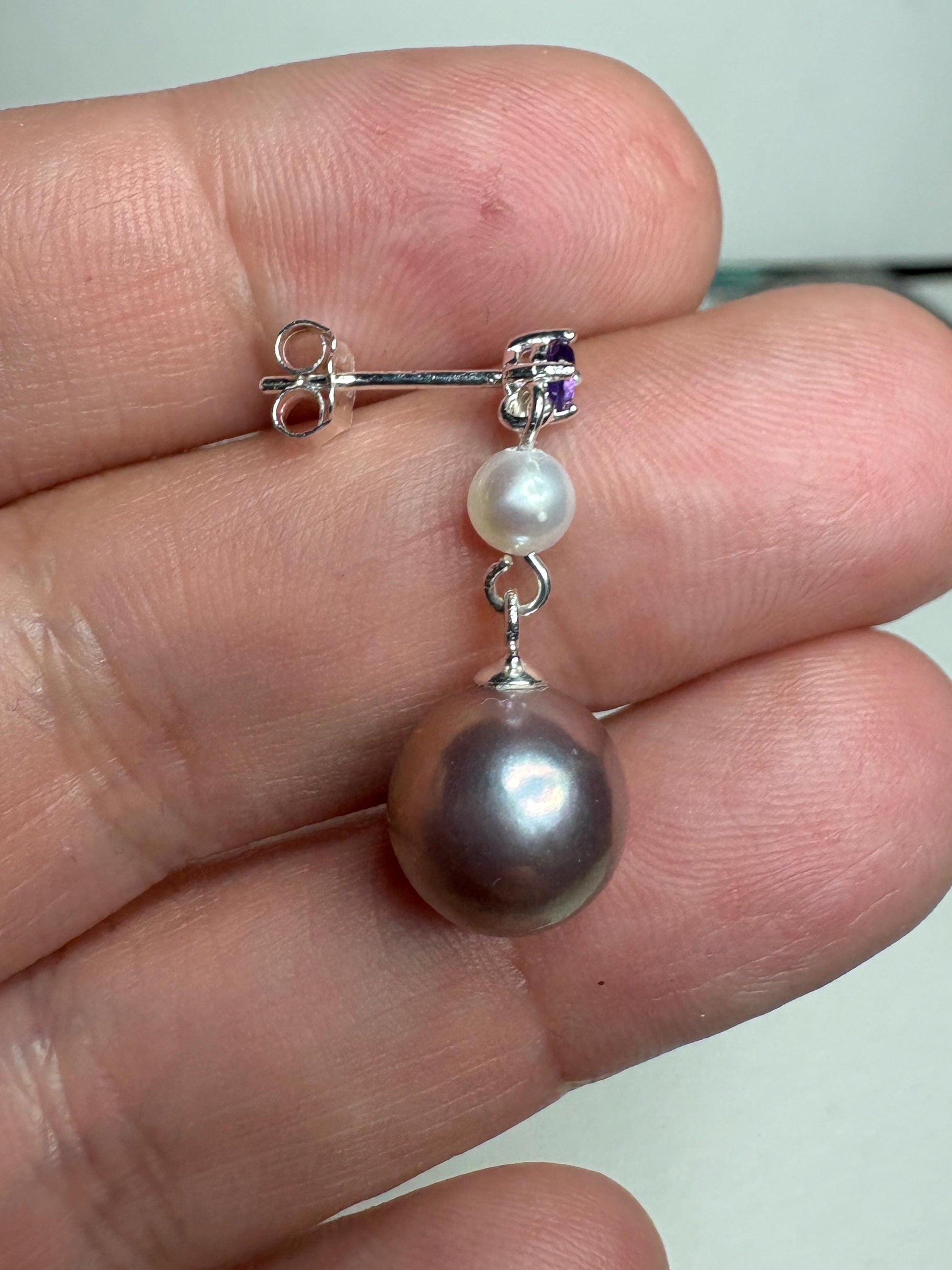 Purple Edison Cultured Pearls with Amethyst and White Pearl Dangle Drop Earrings Sterling Silver - NewLifeJewelryVault