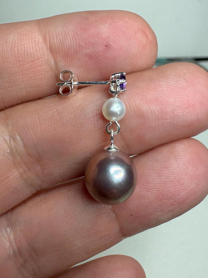 Purple Edison Cultured Pearls with Amethyst and White Pearl Dangle Drop Earrings Sterling Silver - NewLifeJewelryVault