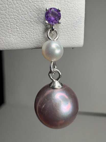 Purple Edison Cultured Pearls with Amethyst and White Pearl Dangle Drop Earrings Sterling Silver - NewLifeJewelryVault