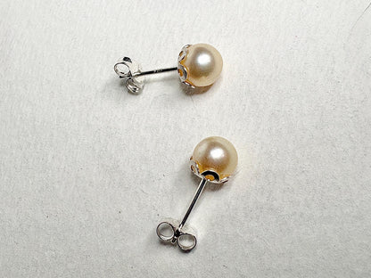 Cream Akoya Cultured Pearl 3/4 Stud Earrings in Sterling Silver 7mm - NewLifeJewelryVault