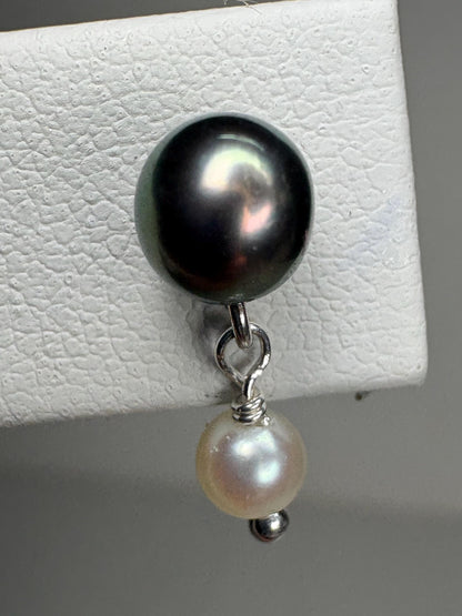 Japanese Cultured Akoya Pearl Dangle Drop Earrings Sterling Silver Black White - NewLifeJewelryVault