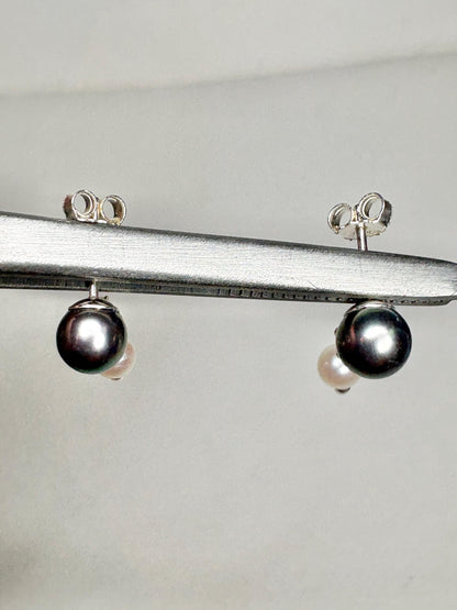 Japanese Cultured Akoya Pearl Dangle Drop Earrings Sterling Silver Black White - NewLifeJewelryVault