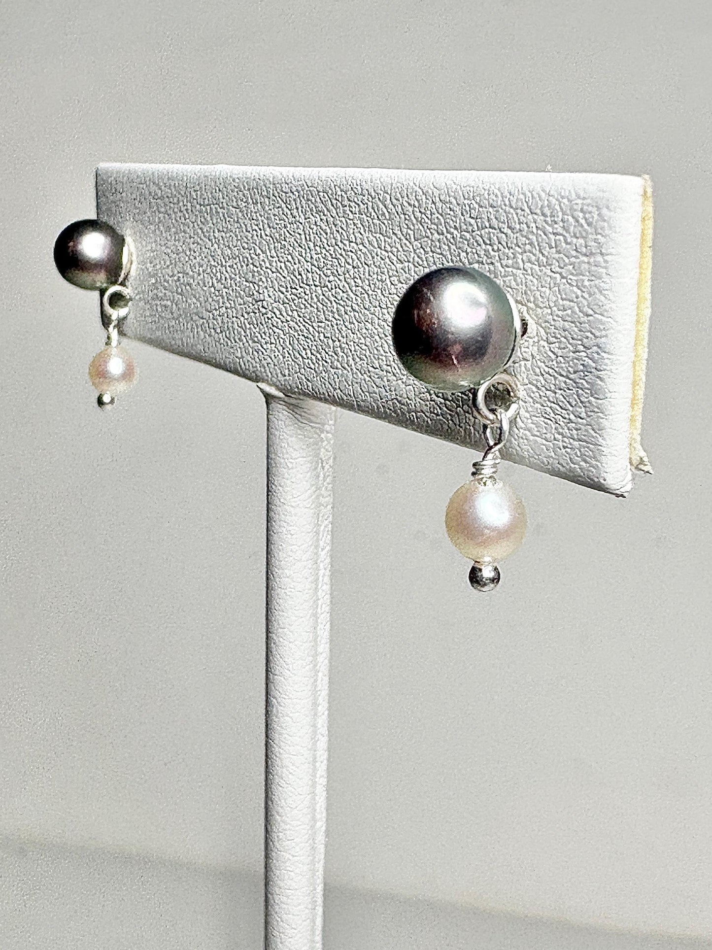 Japanese Cultured Akoya Pearl Dangle Drop Earrings Sterling Silver Black White - NewLifeJewelryVault