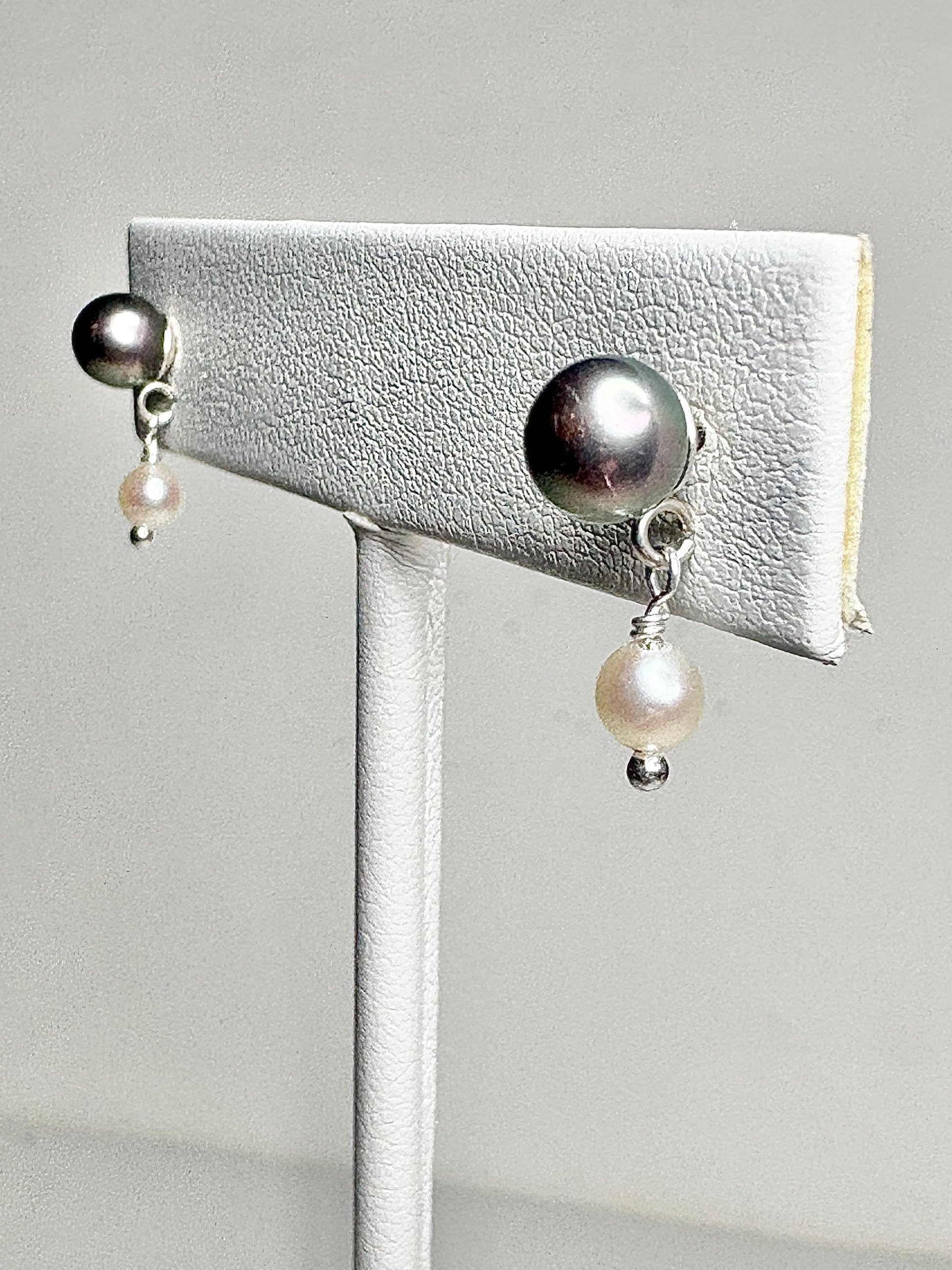 Japanese Cultured Akoya Pearl Dangle Drop Earrings Sterling Silver Black White - NewLifeJewelryVault