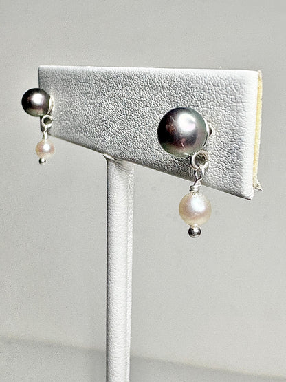 Japanese Cultured Akoya Pearl Dangle Drop Earrings Sterling Silver Black White - NewLifeJewelryVault
