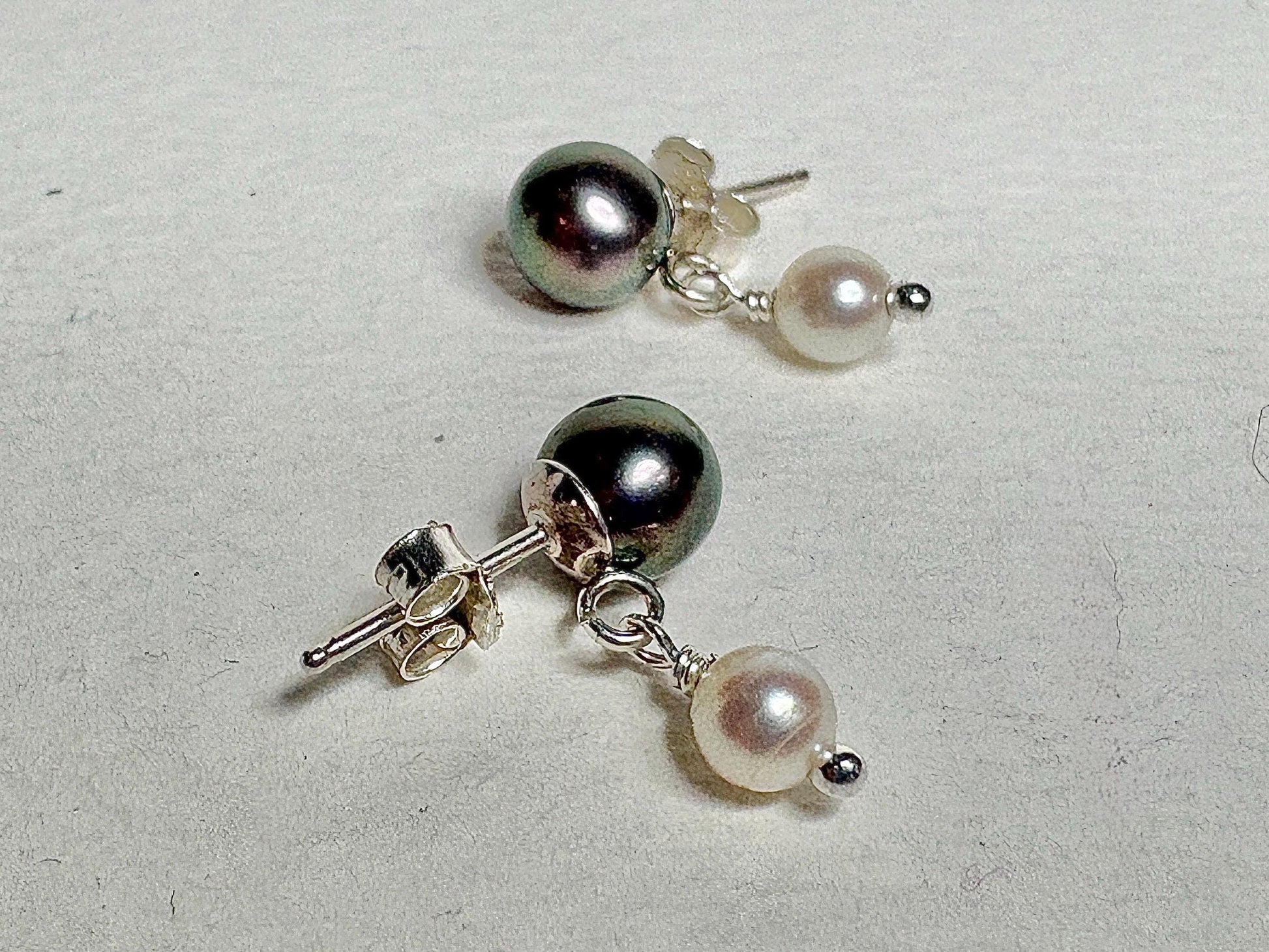 Japanese Cultured Akoya Pearl Dangle Drop Earrings Sterling Silver Black White - NewLifeJewelryVault